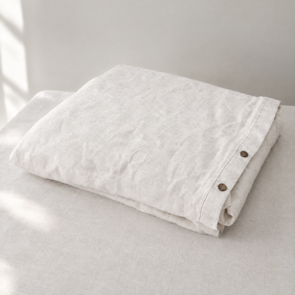 Stonewashed linen duvet cover in Chalk, folded with coconut-shell buttons