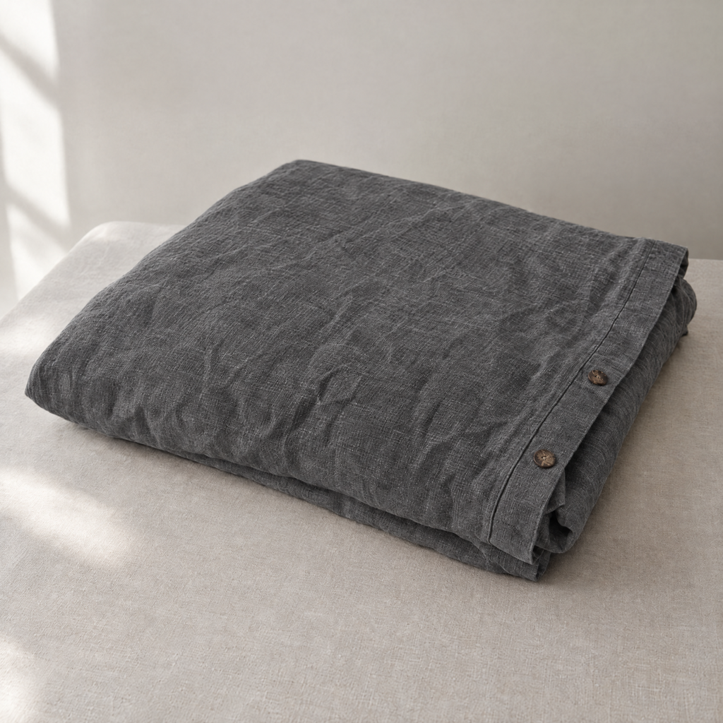 Stonewashed linen duvet cover in Charcoal, folded with coconut-shell buttons