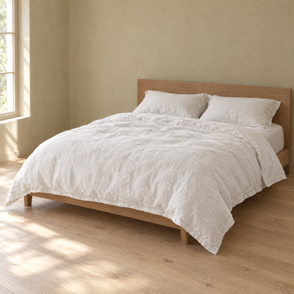 Bed made with a Chalk linen duvet cover in a plain bedroom