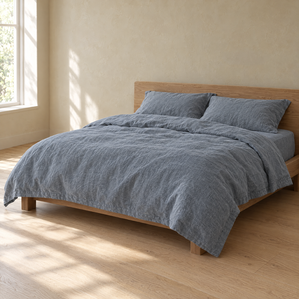Bed made with a Dusk linen duvet cover in a plain bedroom
