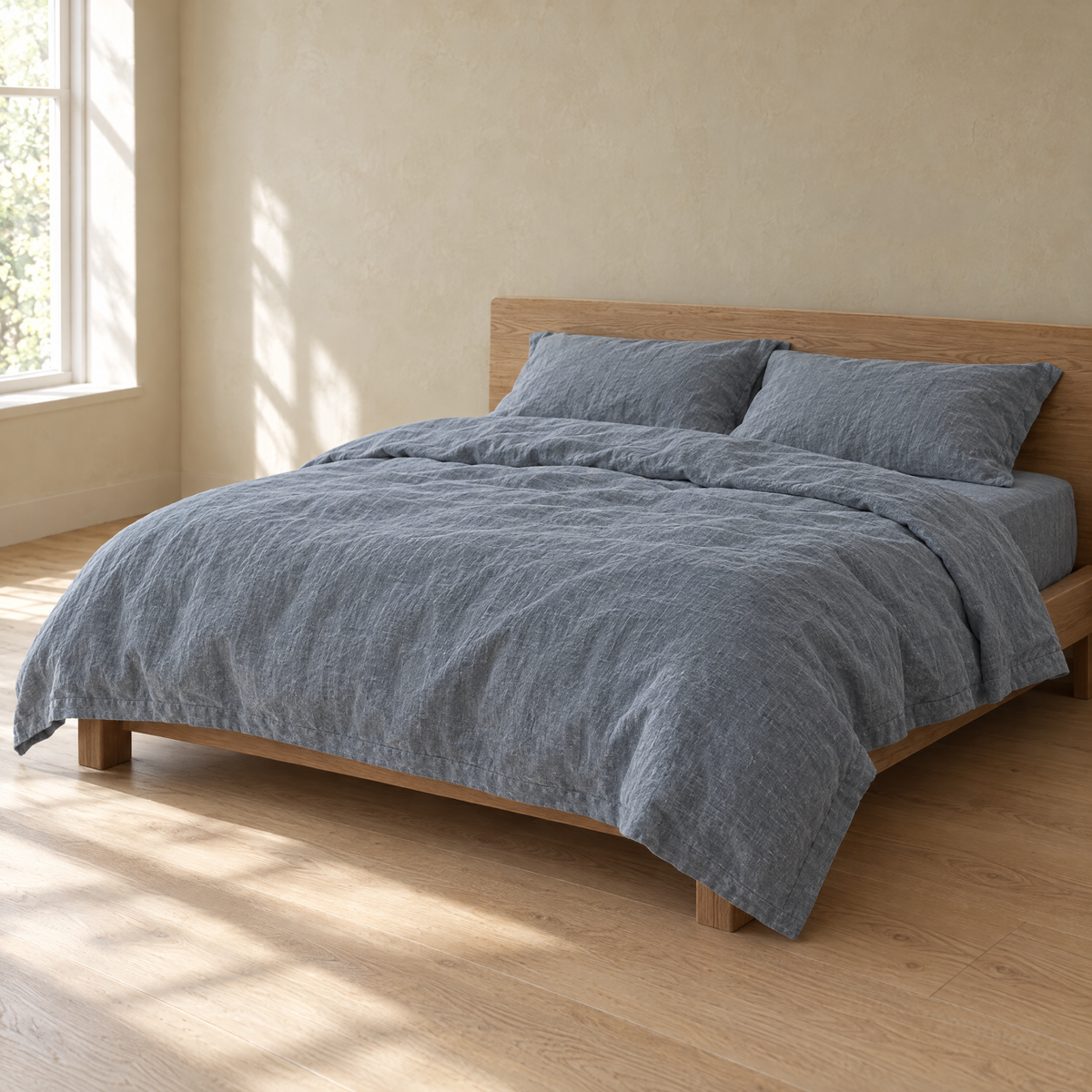 Bed made with a Dusk linen duvet cover in a plain bedroom