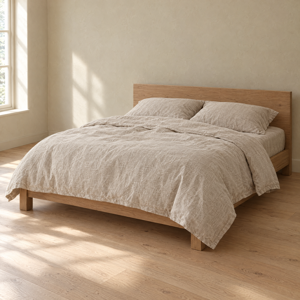 Bed made with an Oat linen duvet cover in a plain bedroom