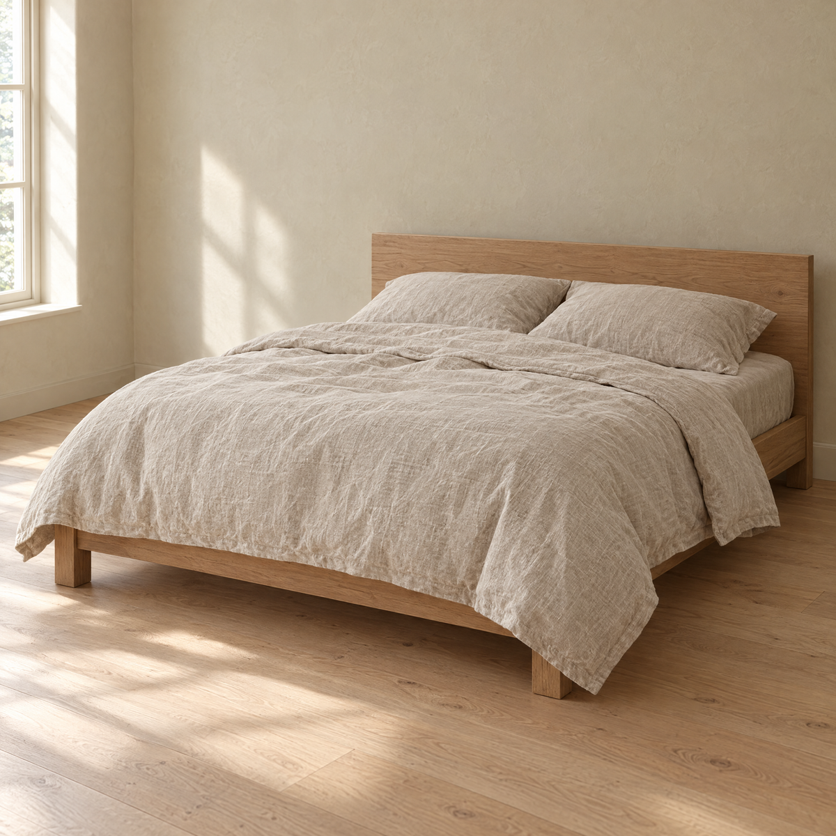 Bed made with an Oat linen duvet cover in a plain bedroom