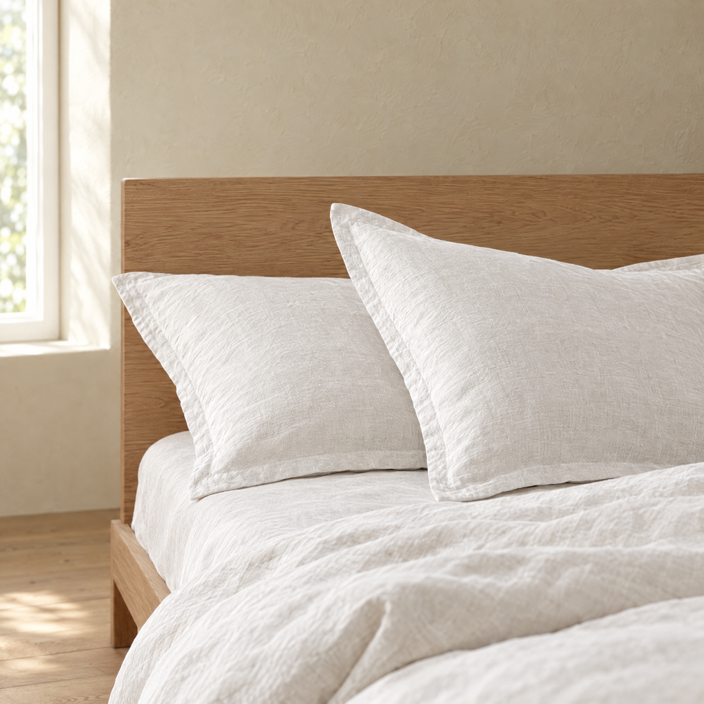 Chalk linen pillowcases with flat flange against an oak headboard