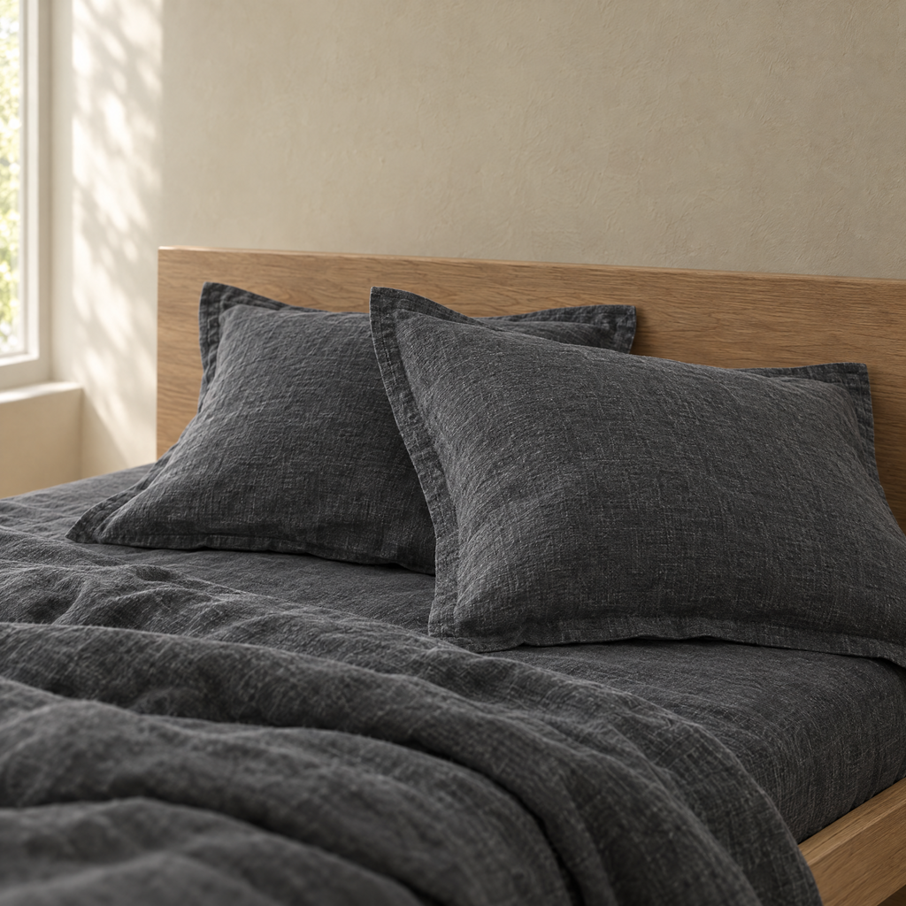 Charcoal linen pillowcases with flat flange against an oak headboard