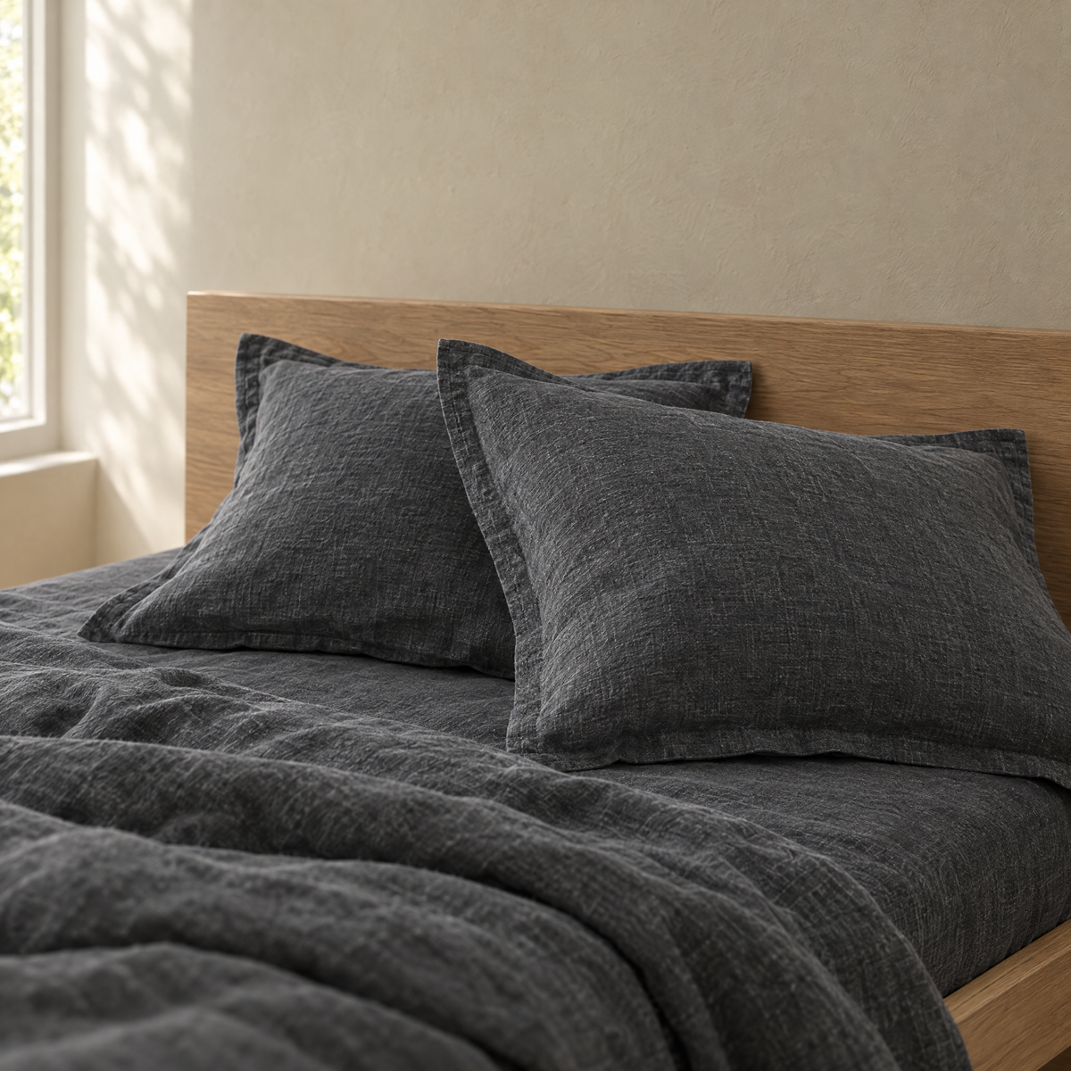 Charcoal linen pillowcases with flat flange against an oak headboard
