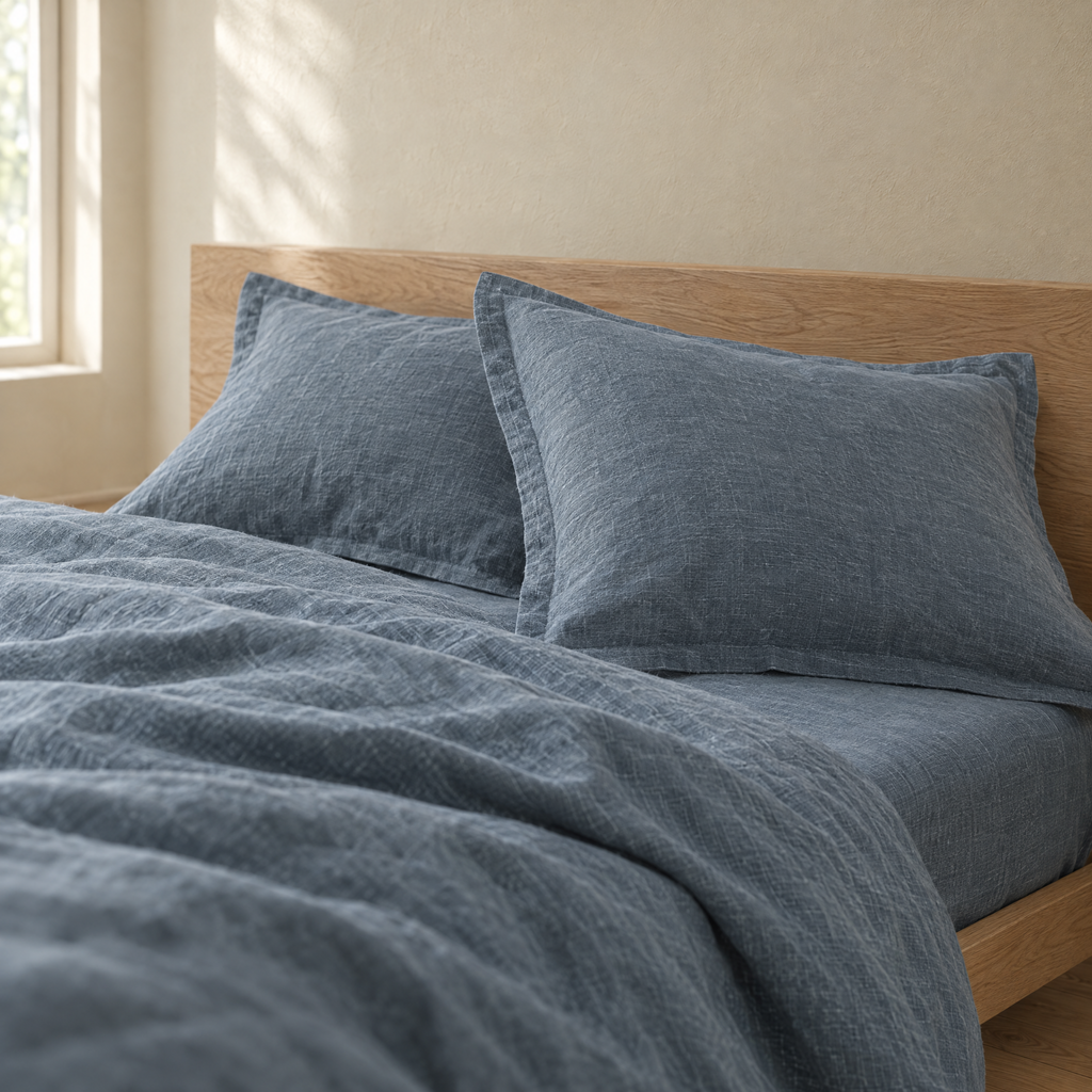Dusk linen pillowcases with flat flange against an oak headboard