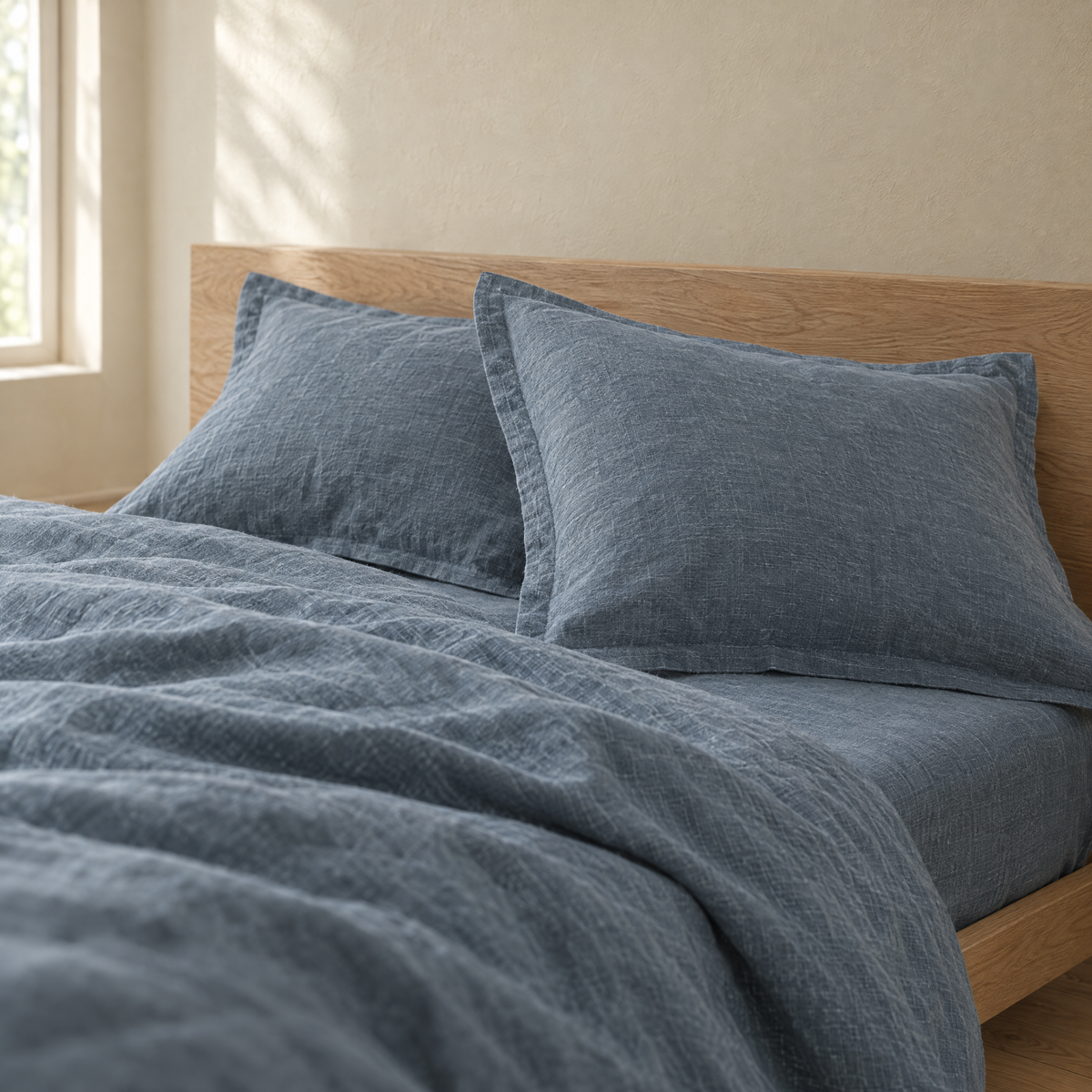 Dusk linen pillowcases with flat flange against an oak headboard