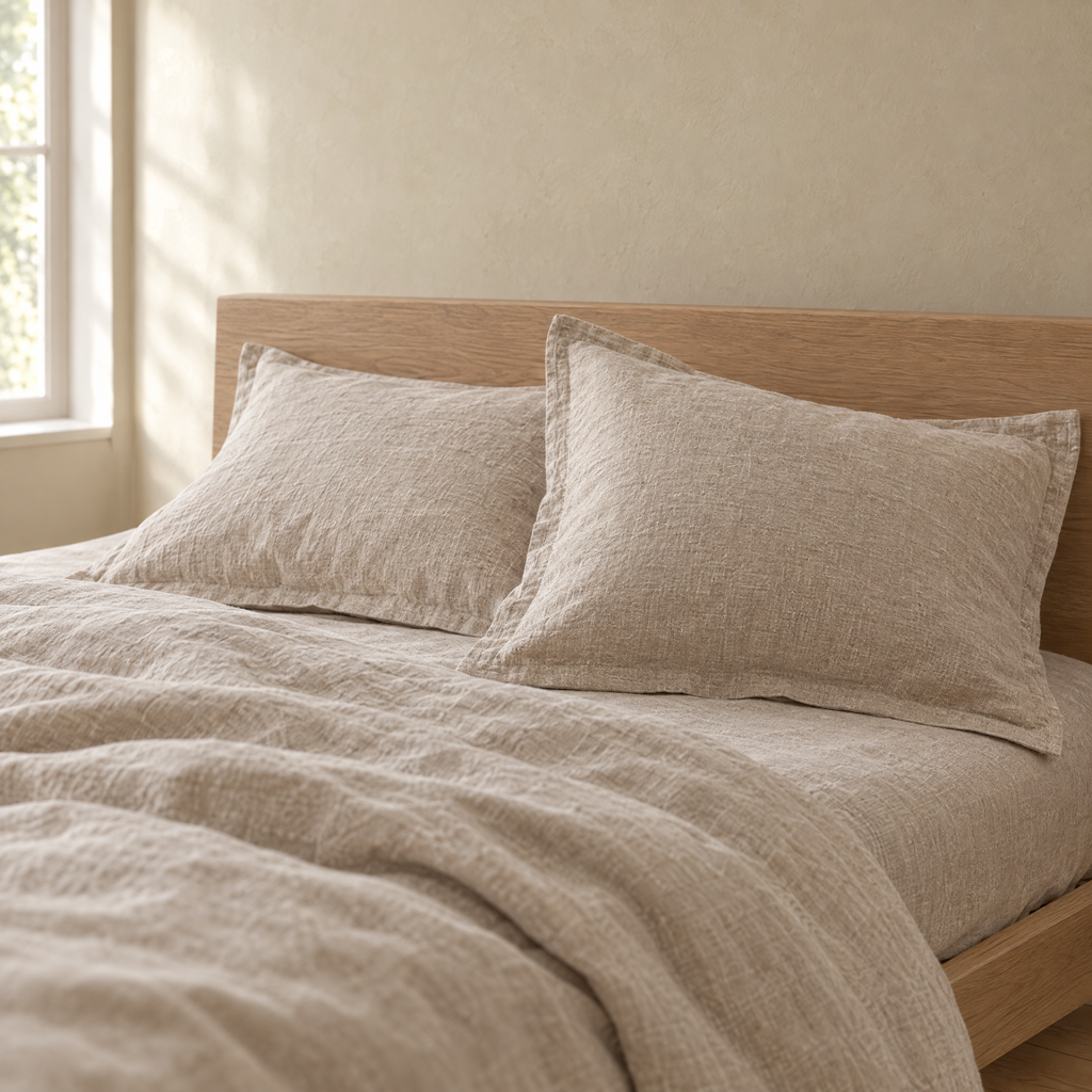Oat linen pillowcases with flat flange against an oak headboard