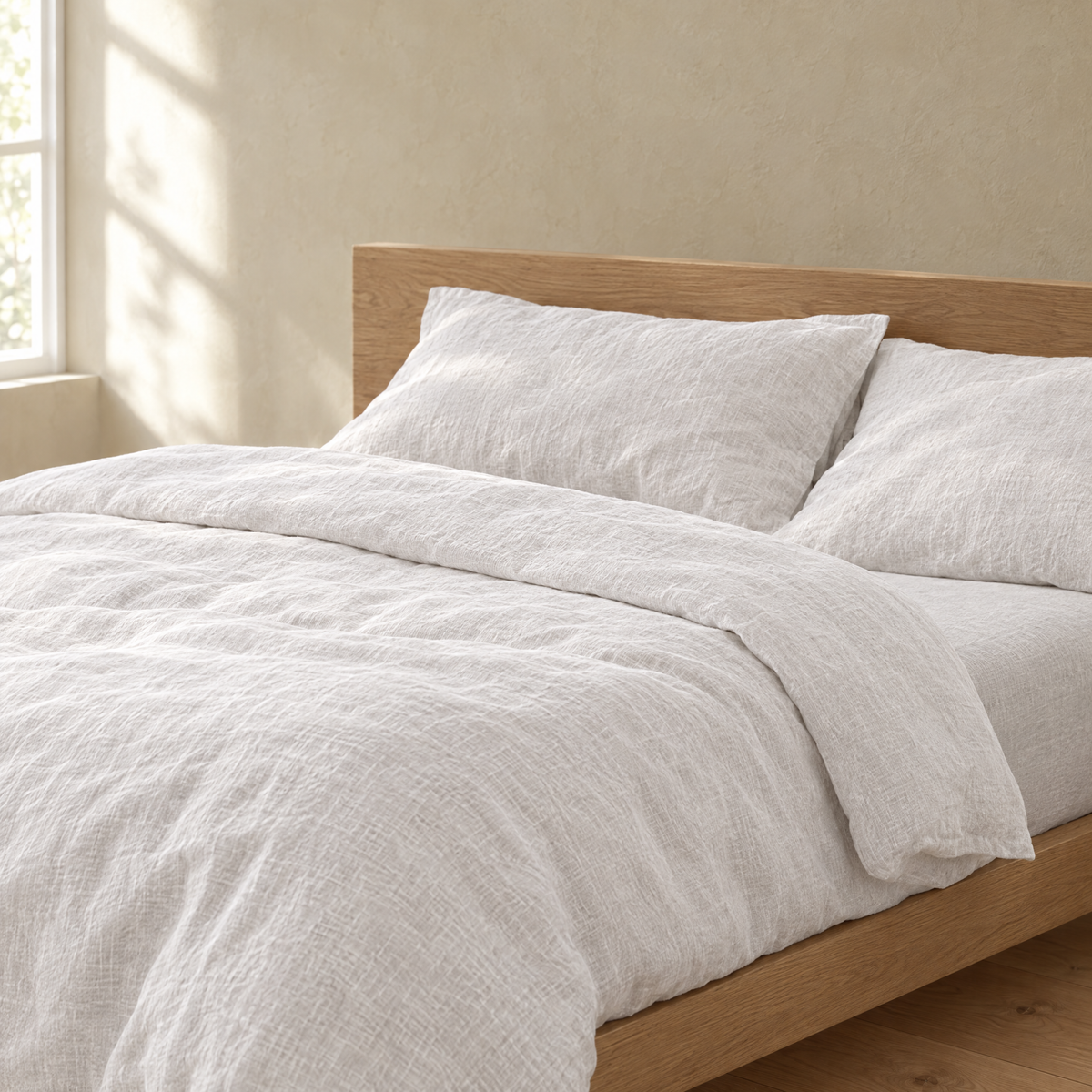 Chalk linen sheets turned down at the head of a bed