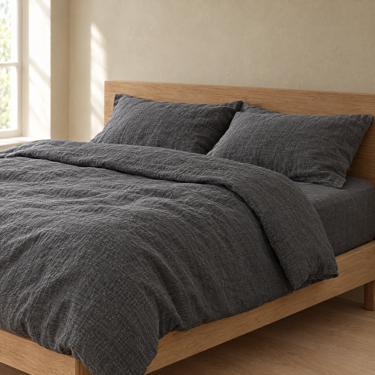 Charcoal linen sheets turned down at the head of a bed