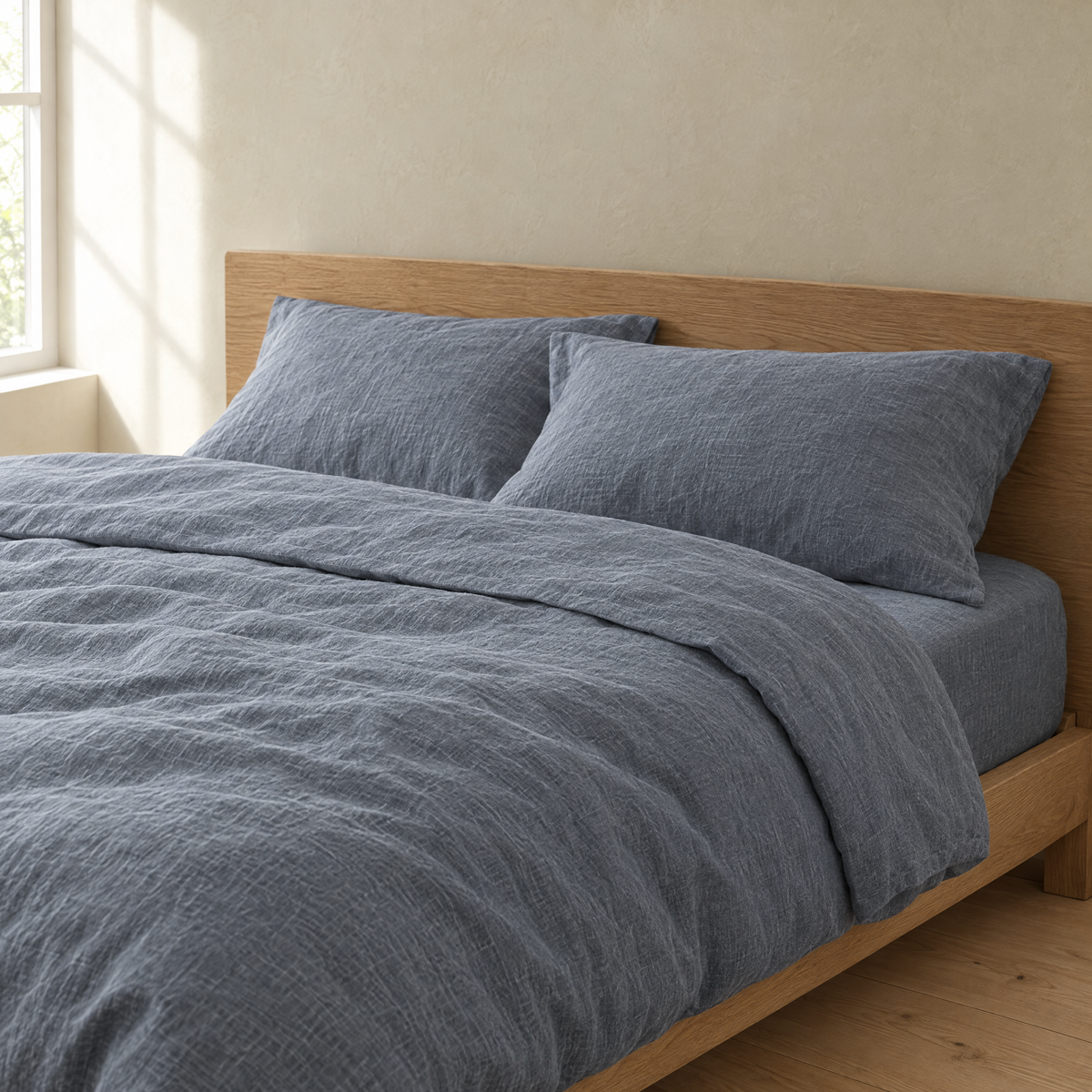 Dusk linen sheets turned down at the head of a bed