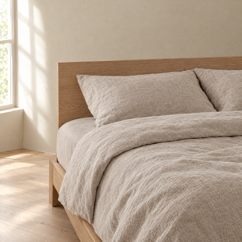 Oat linen sheets turned down at the head of a bed