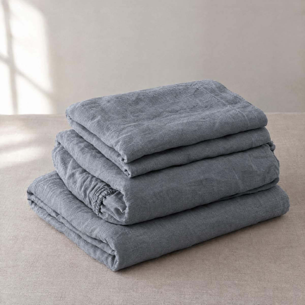 Stonewashed linen sheet set in Dusk, folded