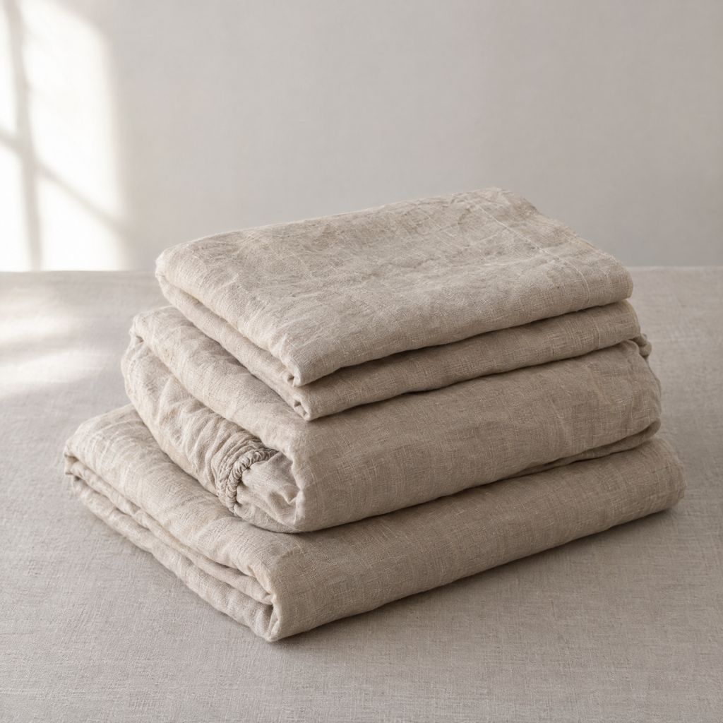 Oat stonewashed linen sheet set, folded and stacked