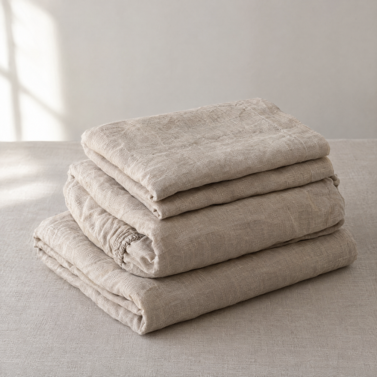 Oat stonewashed linen sheet set, folded and stacked