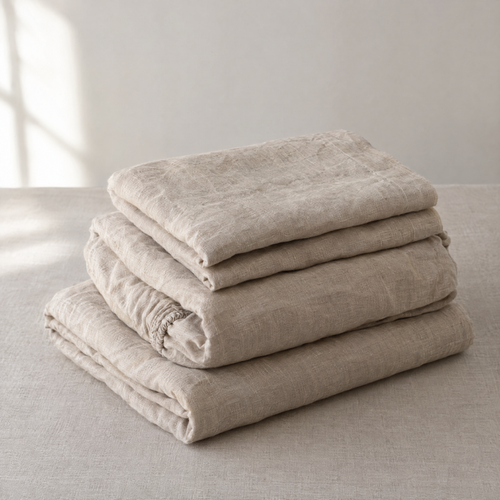 Oat stonewashed linen sheet set, folded and stacked