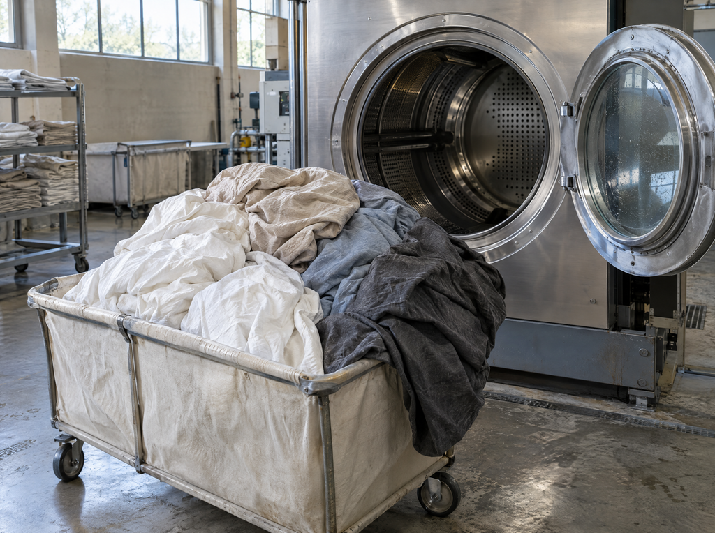 Washed linen bedding in a laundry cart beside an open industrial washing machine